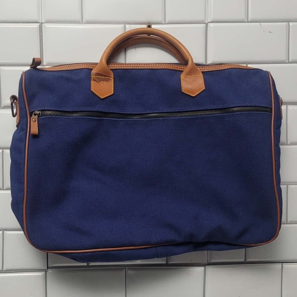 BUON VIAGGIO Vintage Blue Canvas Carrying Case Briefcase with Tan Leather Trim a